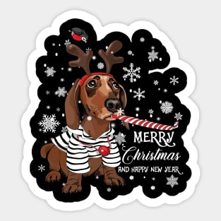 cute dachshund merry christmas and happy new year Sticker